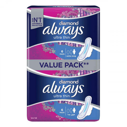 Always Diamond Ultra Thin Extra Long 12 Pads -- اولويز ديموند فوط صحيه رفيعه طويلة جدا 12 فوطه  Always Diamond Ultra Thin Extra Long 12 Pads -- اولويز ديموند فوط صحيه رفيعه طويلة جدا 12 فوطه
